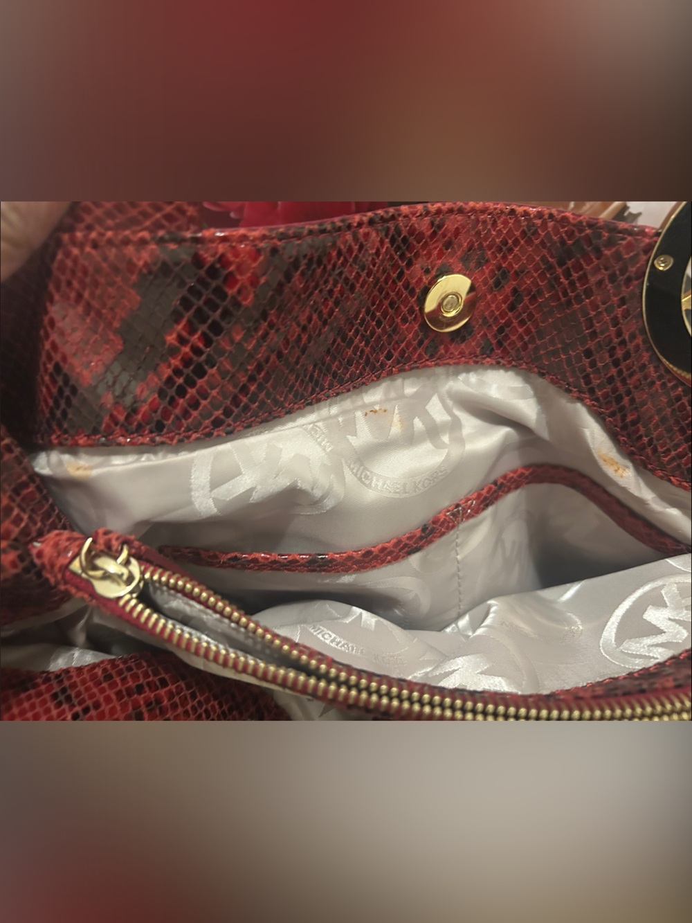 Michael Kors Red and Black Embossed Snake-Print Shoulder Tote with MK Dust Bag - Picture 15 of 15